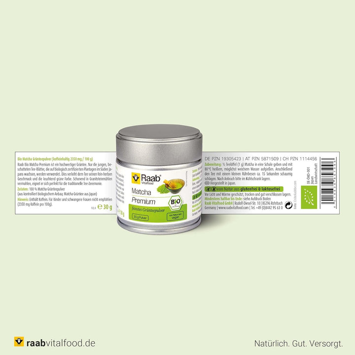 Raab Vitalfood® Pudră Matcha Premium Bio (30 g) - Original din Japonia, pudră Matcha pură fără aditivi, măcinată fin, gust fin-amar, pudră de ceai verde, vegan, ceremonie de ceai