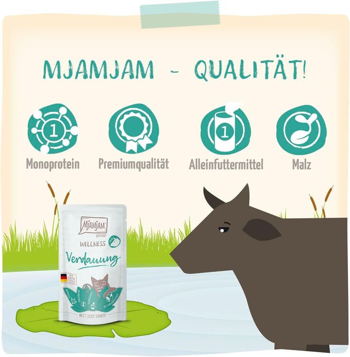 Mjamjam - Hrană umedă premium pentru pisici - Wellness - Digestion - Beef, pachet de 12 (12 X 125G), fără cereale