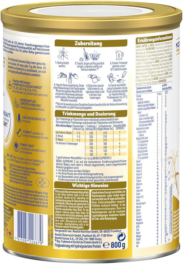 BEBA SUPREME 2 Lapte de continuare după 6 luni, doar lactoză, fără ulei de palmier, pachet de 6 (6 x 800 g) Naty Shop
