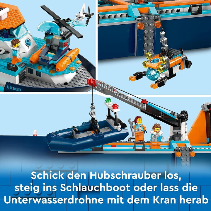 LEGO City Arctic Research Ship, barcă mare de jucărie plutitoare cu elicopter, barcă pneumatică, submarin Rov, epavă vikingă, 7 minifigurine și figură Orca, cadou pentru copii cu vârsta de 7+ 60368 Seturi de constructie Besuche den LEGO-Store