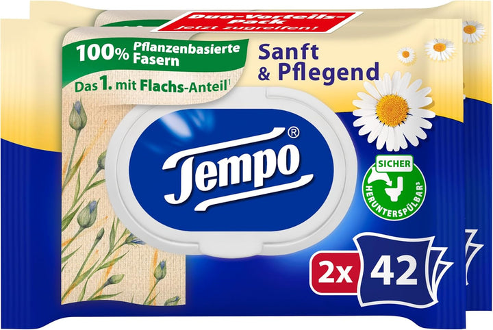 Șervețele umede de toaletă Tempo "Gentle & Caring" - Megapack - 16 pachete a câte 42 de șervețele - Duo Packs - cu mușețel natural - hârtie igienică, testată dermatologic și neutră față de Ph-ul pielii