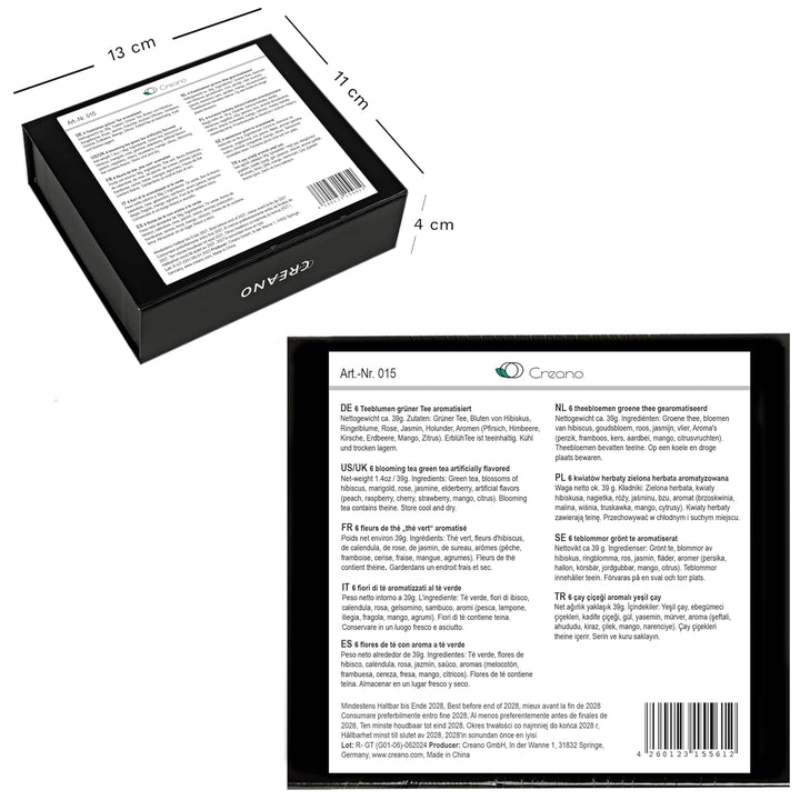 Creano 6 flori de ceai cutie cadou Ceai verde în cutie magnetică elegantă cu imprimeu argintiu - 6 sortimente diferite - cadou de Crăciun