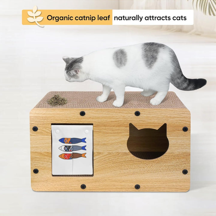 Căsuță din carton pentru pisici cu zgârietură pentru pisici, pat și peșteră pentru pisici de interior cu catnip, mobilier de zgârietură pentru pisici ușor de asamblat pentru diverse decorațiuni interioare, 53 x 30 x 28 cm