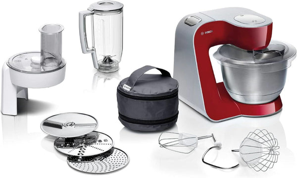 Bosch Küchenmaschine Serie 4 Mum58720,Edelstahl-Schüssel 3,9 L, Mixer 1,25 L, Planetenrührwerk,Knethaken,Schlag,Rührbesen, Durchlaufschnitzler, 3 Scheiben, 1000 W, Dunkelrot/Silber Mama si Copilul Naty Shop Dunkelrot/Silber