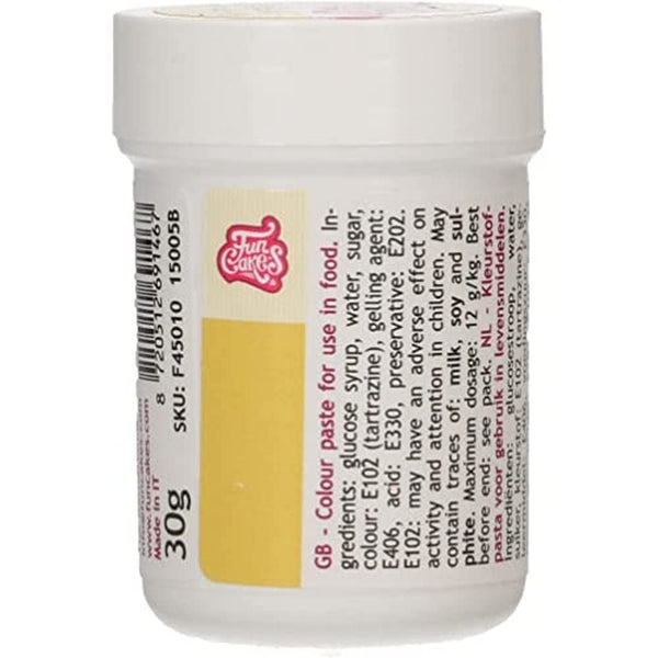 Colorant alimentar concentrat Funcakes Paste Color Yellow; pentru aluat, cremă, fondant, marțipan, aluat, pastă de modelat și pastă de flori. Halal. 30 g