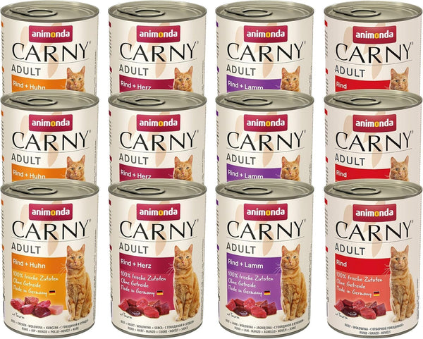 Animonda Carny Adult Hearty Variation (12 X 400 G), hrană umedă pentru pisici adulte, hrană umedă cu 100% ingrediente din carne proaspătă, hrană pentru pisici fără cereale și zahăr