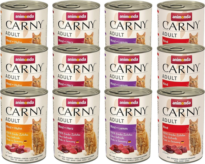 Animonda Carny Adult Hearty Variation (12 X 400 G), hrană umedă pentru pisici adulte, hrană umedă cu 100% ingrediente din carne proaspătă, hrană pentru pisici fără cereale și zahăr