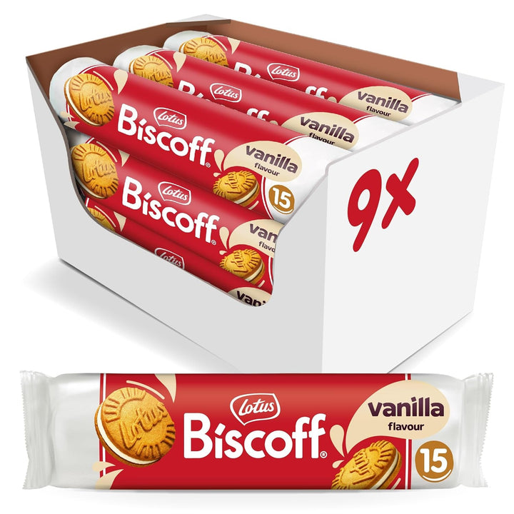 Lotus Biscoff | Biscuiți gemeni tip sandwich cu umplutură de cremă Biscoff | 15 biscuiți tip sandwich per pachet | Doar ingrediente naturale | Vegani | Fără coloranți sau arome adăugate | 9 x 150g | 1,35 kg
