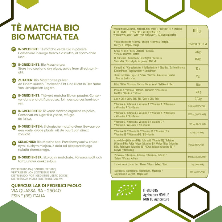 ERBOTECH Ceai Matcha Bio/Pudră de ceai verde japonez organic 100 g, 100% multivitamine naturale, calitate premium, vegan, ideal pentru prăjituri, smoothie-uri, ceai rece