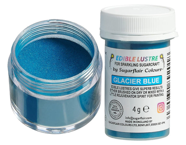 Colorant alimentar comestibil Sugarflair Lustre, albastru ghețar - Pudră lucioasă alimentară pentru prăjituri, brioșe, ciocolată, produse de patiserie, deserturi, înghețată, băuturi, cocktailuri și multe altele - 4g
