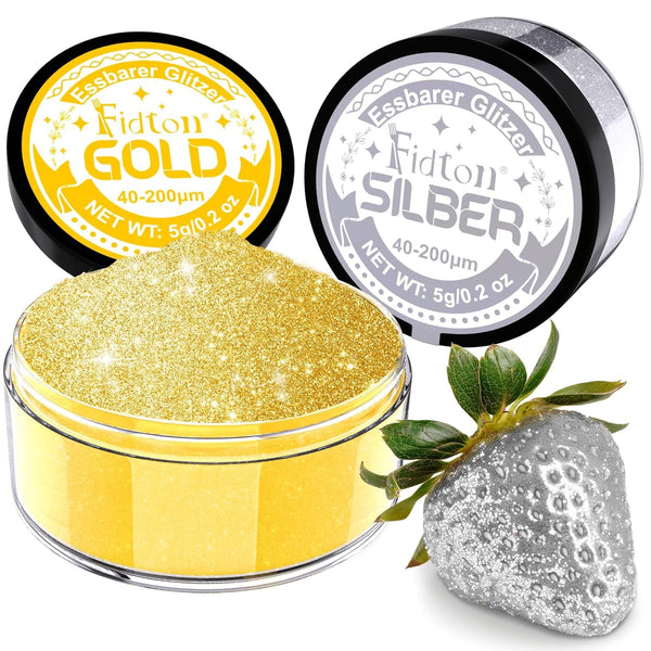 Sclipici comestibil pentru băuturi - Set de colorant alimentar pudră Fidton cu 2 culori, Sclipici comestibil pentru prăjituri, Fondant auriu, Gogoașă, Sclipici comestibil pentru băuturi, Cocktail, Aur și argintiu comestibil - 5 g