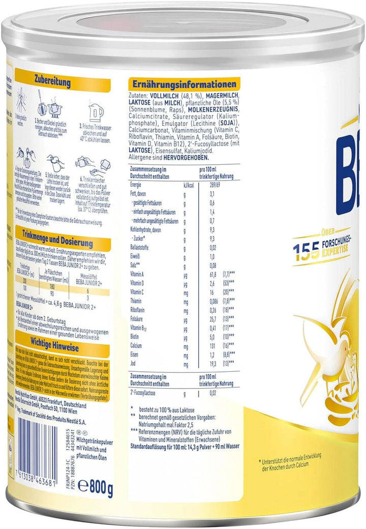 Băutură cu lapte BEBA Junior 2+ de la a 2-a aniversare, mâncare pentru copii cu HMO 2'-FL, numai lactoză, fără ulei de palmier, pachet 6 (6 x 800 g) Mama si Copilul Naty Shop