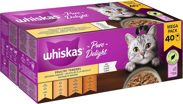 Whiskas 1+ hrană umedă pentru pisici Ragout Poultry Selection in Jelly, 40X85G (1 pachet) - Hrană umedă de înaltă calitate pentru pisici adulte în pungi de 40 de porții