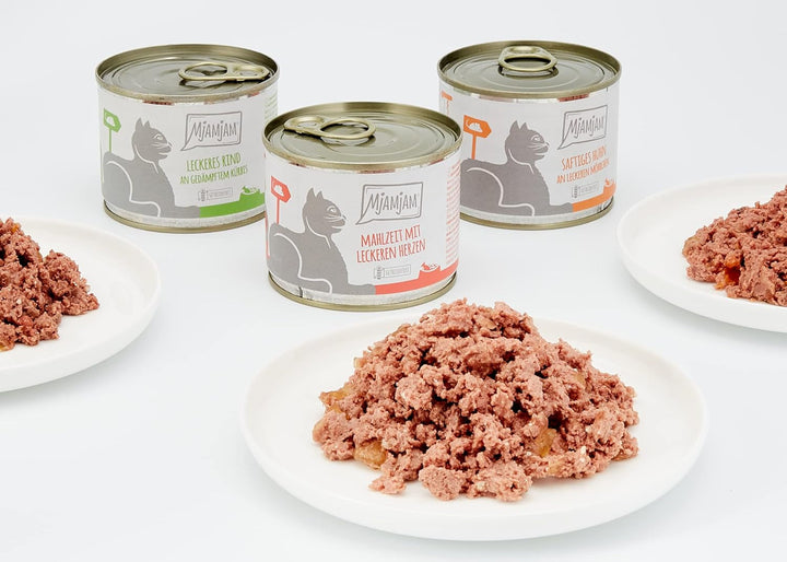 Mjamjam - Hrană umedă premium pentru pisici - Mixpack I - pui, vită, inimi, pachet de 6 (6 X 200 G), fără cereale cu extra carne