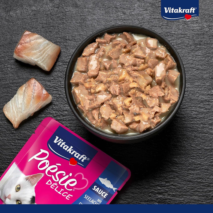 Vitakraft Poésie Délice, hrană umedă pentru pisici, hrană umedă pentru pisici în sos, cu pollock, preambalată, fără adaos de zahăr și cereale (23X 85G)