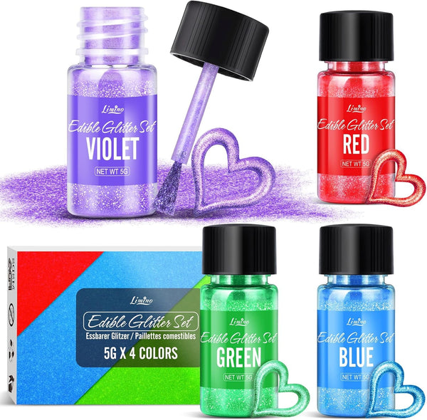 Set de sclipici comestibil - 4 culori pudră de sclipici comestibilă multicoloră, praf de sclipici pentru prăjituri, băuturi, alimente - pudră de sclipici metalică, colorant alimentar pentru cocktailuri, vin, fondant