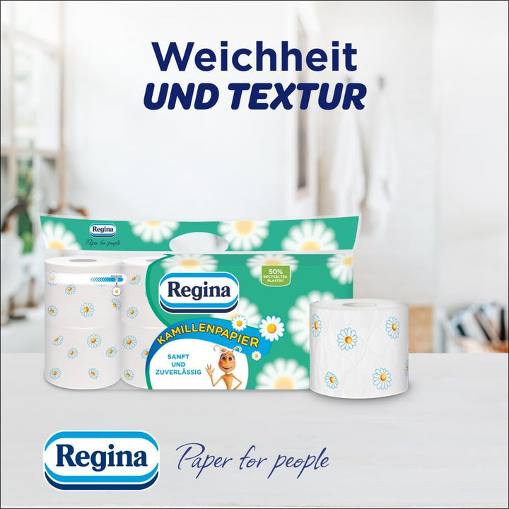 Hârtie igienică Regina Chamomile Paper 3 straturi - pachet de 16 role, 150 de foi pe rolă, moale și delicată cu aromă de mușețel și hârtie certificată Fsc