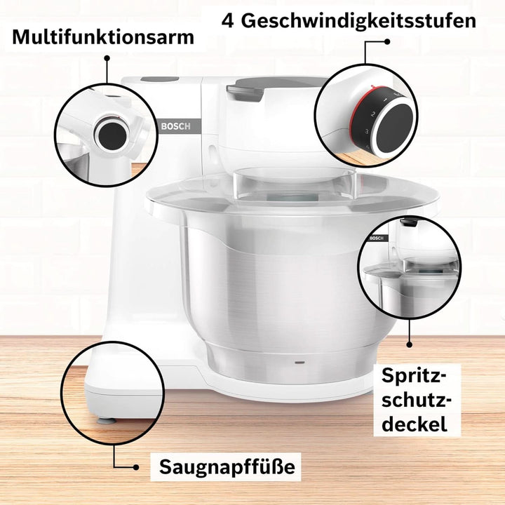 Bosch Küchenmaschine Serie 2 MUMS2EW00, Edelstahl-Schüssel 3,8 L, Planetenrührwerk, Knethaken, Schlag-, Rührbesen Edelstahl, 4 Arbeitsstufen, Durch Optionales Zubehör Erweiterbar, 700W, Weiß Bucatarie Naty Shop