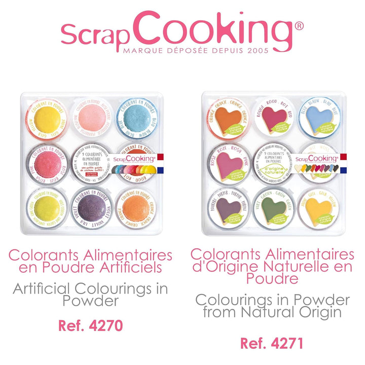Scrapcooking - Set 9 coloranți alimentari pudră - Albastru, Galben, Roz, Violet, Portocaliu, Verde lămâie, Roșu, Roz pudră, Negru - Pudră colorantă comestibilă pentru prăjituri, brioșe, macarons - 4270