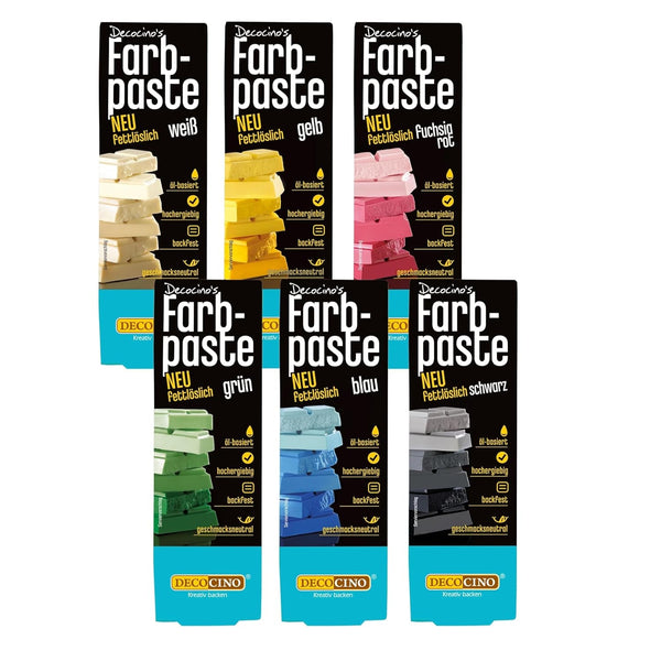 Decocino Pastă de colorare liposolubilă Set de 6 – 6 x 15 g – Coloranți alimentari în roșu, alb, verde, galben, albastru și negru, ideali pentru colorarea prăjiturilor, fondantului și cremelor – Fără azo și gluten