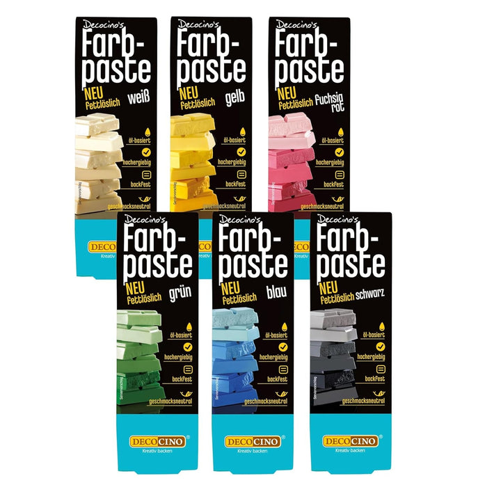 Decocino Pastă de colorare liposolubilă Set de 6 – 6 x 15 g – Coloranți alimentari în roșu, alb, verde, galben, albastru și negru, ideali pentru colorarea prăjiturilor, fondantului și cremelor – Fără azo și gluten