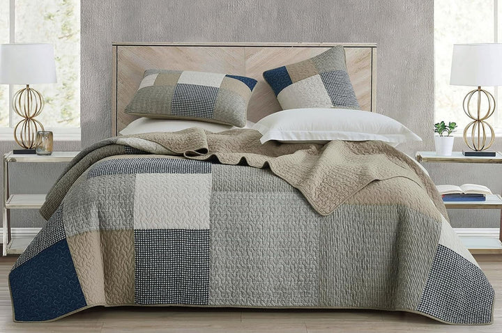 Chezmoi Collection Addy Patchwork Quilt Set bumbac pre-spălat, ușor, reversibil, pentru toate anotimpurile, supradimensionat, 3 piese, albastru marin, alb, gri, taupe, în carouri Plapumi si pilote Naty Shop