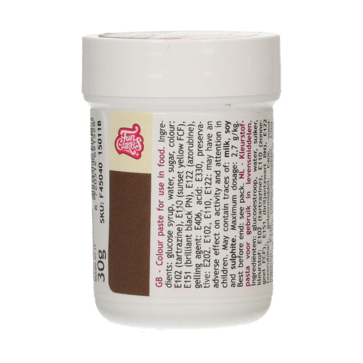 Colorant alimentar concentrat Funcakes Paste Colorant Maro Închis; Colorant alimentar concentrat pentru aluat, cremă, fondant, marțipan, aluat, pastă de modelat și pastă de flori. Halal și Kosher. 30 g