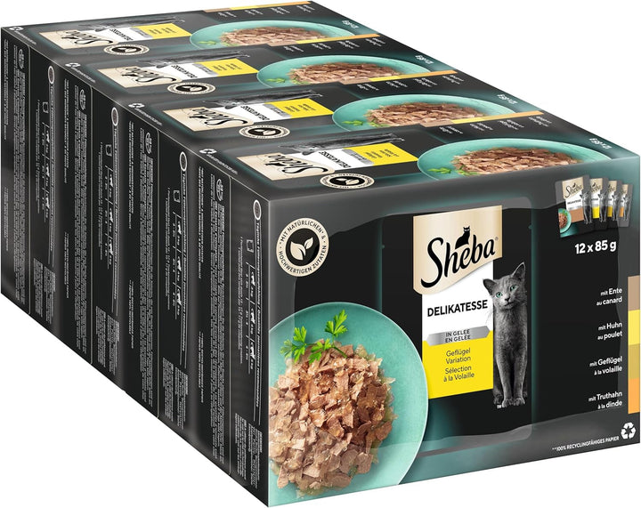 Sheba Delikatesse în jeleu, hrană umedă pentru pisici cu selecție fină de păsări, 40 X 85G