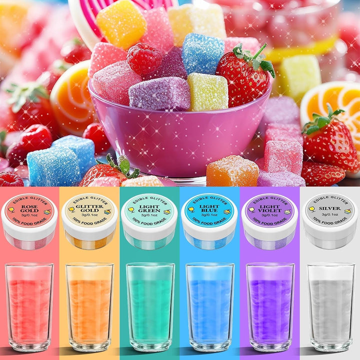 Sclipici comestibil 6 x 3g, Sclipici comestibil pentru băuturi, Sclipici alimentar, Set de 6 culori, Pudră sclipici, Sclipici pentru copt pentru ciocolată, căpșuni, prăjituri, fondant, băuturi, Inodor, Vegan