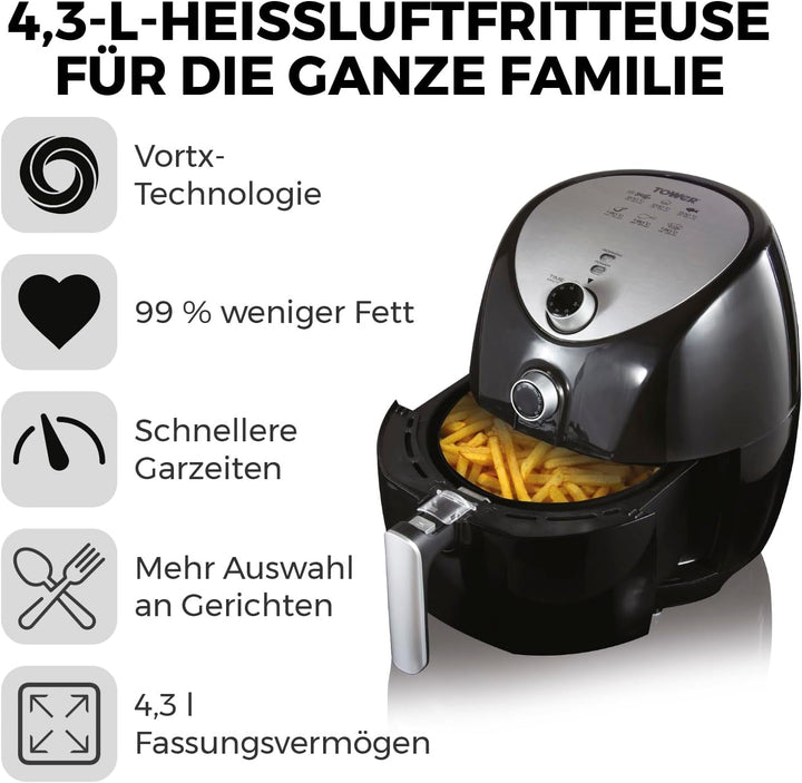 Tower T17021 Friteuză cu aer cald, cronometru de 60 de minute - 4.3L, 1500W Electrocasnice Naty Shop