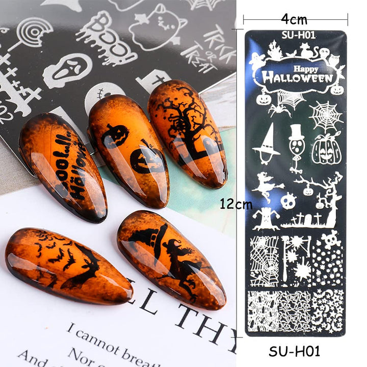 JMEOWIO Nagel Stamping Schablone Halloween 6 Stück Nagelstempel Schablone Nail Art Dekoration Nageldesign Zubehör Böse Gruselige Kürbis-Geisterhexe