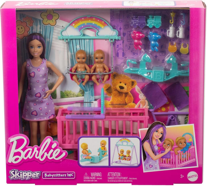 Păpușă Barbie Skipper și creșă cu accesorii, include păpuși gemene, 1 pătuț, 1 leagăn, 1 balansoar și multe altele, HXM99 Papusi Naty Shop