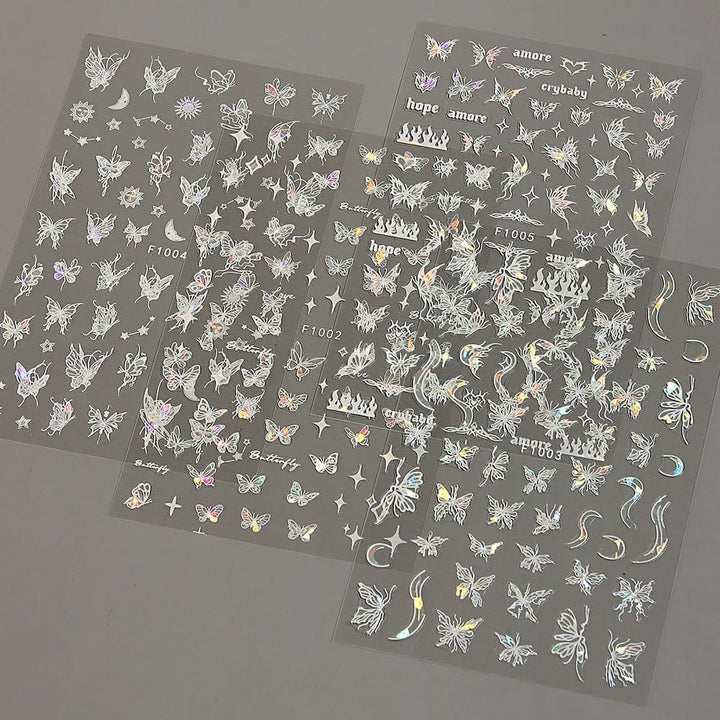 4 Blätter Holographisch Laser Weiß Schmetterling Nagelsticker,Y2K Aurora Schmetterlinge Stern Nail Sticker 3D Flamme Herz Nageldesign Nagelsticker Selbstklebend Nagel Sticker Nagel Zubehör Nail Art