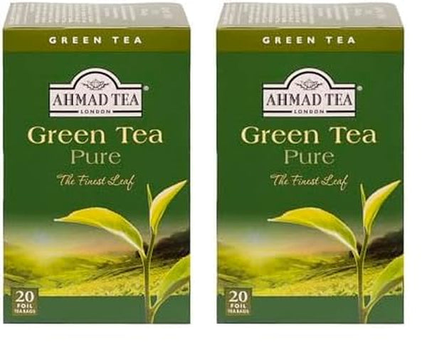 Ahmad Tea - Ceai verde - Pliculețe de ceai ambalate individual, cu aromă sigilată, cu 2 g de ceai per porție - 20 pliculețe de ceai cu bandă (pachet cu 2)