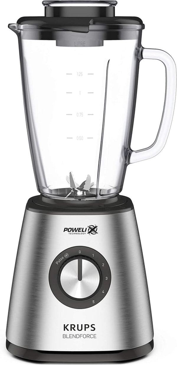 Krups KB439D Blendforce 2 Standmixer | 800 Watt | 5 Geschwindigkeiten | Pulsfunktion | 1,75 Liter Thermoglasbehälter (Nutzvolumen: 1,25 Liter) | Stoßfest | Eiszerkleinerer | Edelstahl Mama si Copilul Naty Shop Stainless Steel