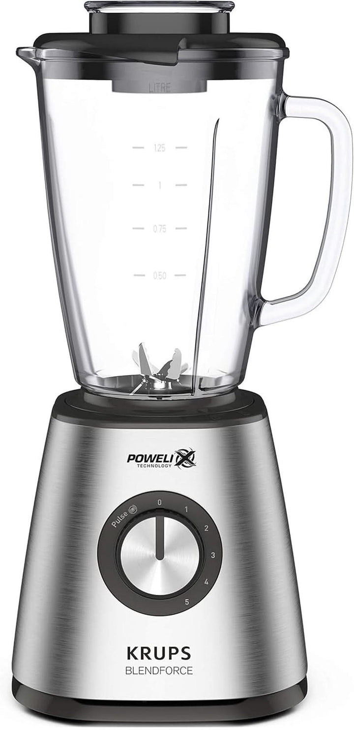 Krups KB439D Blendforce 2 Standmixer | 800 Watt | 5 Geschwindigkeiten | Pulsfunktion | 1,75 Liter Thermoglasbehälter (Nutzvolumen: 1,25 Liter) | Stoßfest | Eiszerkleinerer | Edelstahl Mama si Copilul Naty Shop Stainless Steel