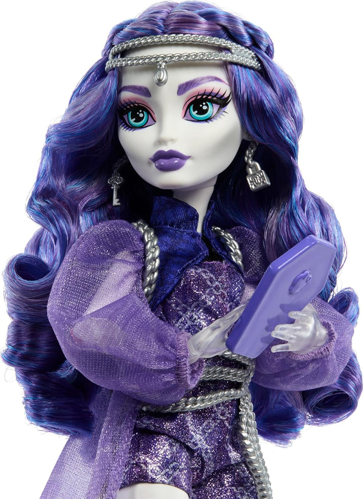 Păpușă Monster High Spectra Vondergeist cu dihorul Rhuen și accesorii precum rucsac, tabletă, gustări și multe altele, HXH77 Papusi Naty Shop