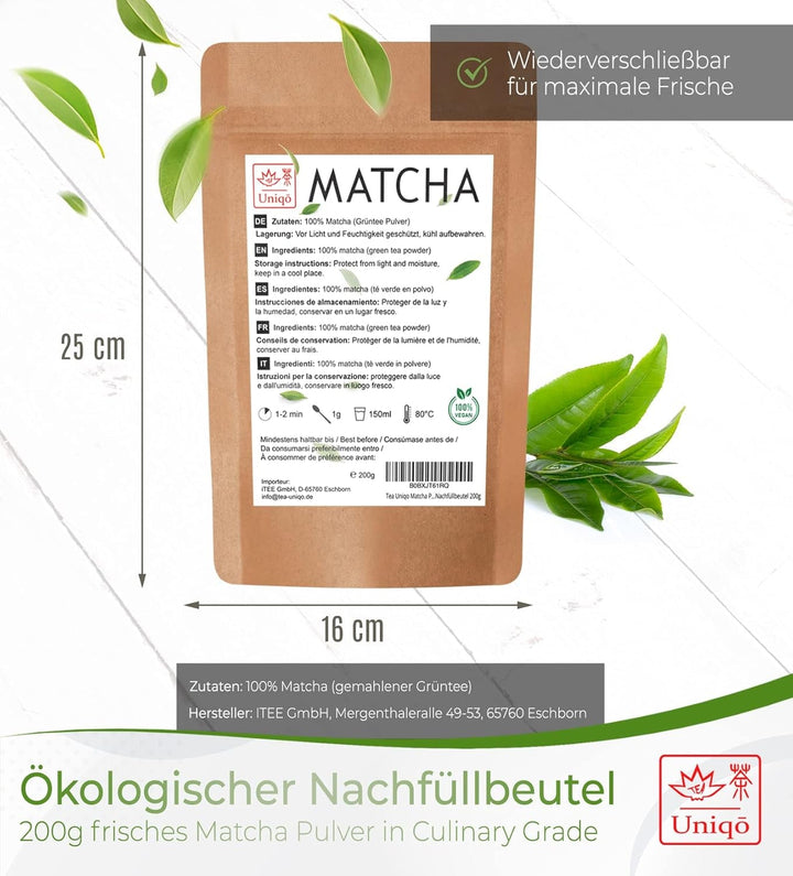 Ceai Uniqo Matcha pudră 200 g în ambalaj ecologic reîncărcabil