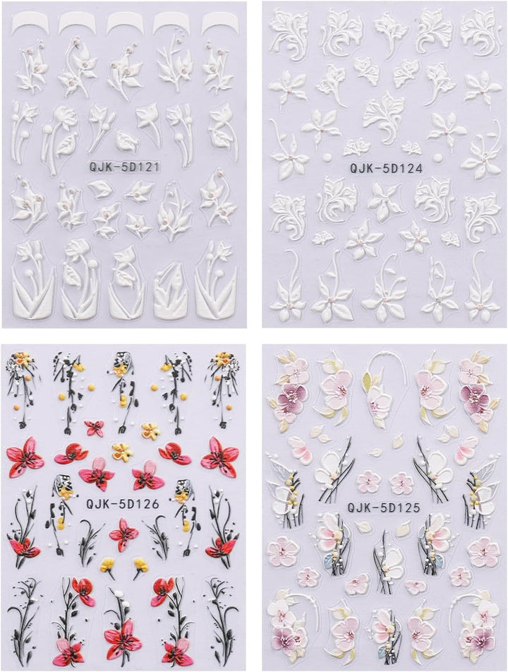JMEOWIO 3D Nagelsticker Blumen Nail Art Sticker Selbstklebend Nagelaufkleber 5D Stereoskopisch Frühling Sommer Dekoration Nageldesign Zubehör 4 Blatt