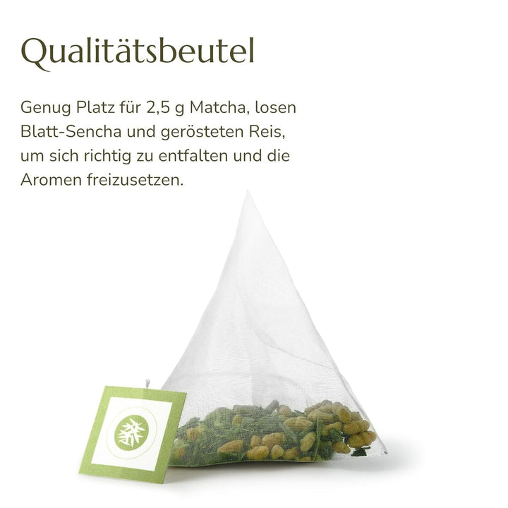 Ceai verde organic Genmaicha Anna'S Teapot - Ceai verde japonez în pliculețe cu orez brun prăjit și Matcha - 20 pliculețe piramidale în pungă resigilabilă