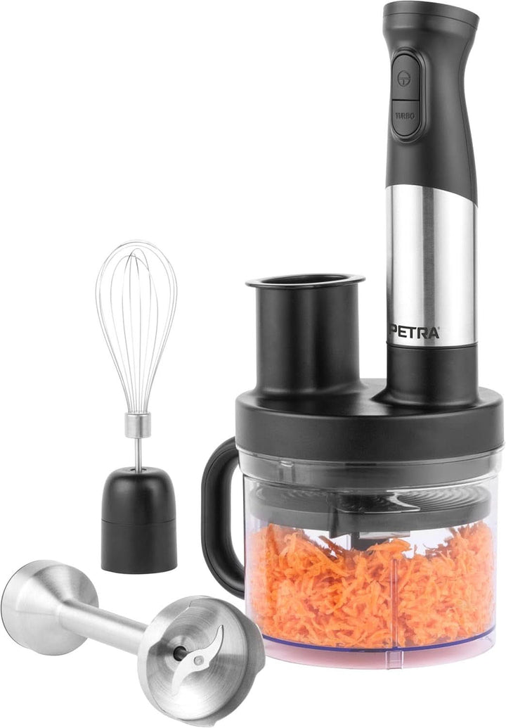 Petra PT2827BMBLKVDE 3-In-1 Mixer – Bpa-Freie Anbauteile, 500Ml-Schüssel, 700Ml-Becher, Schneebesen, Mixen, Zerkleinern, 2 Geschwindigkeiten, Edelstahlklingen, Für Babynahrung, Smoothies, Saucen, 350W Mama si Copilul Naty Shop 5-In-1-Stabmixer