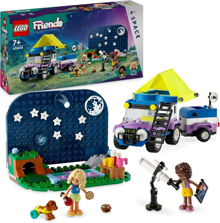 Set de vehicule de camping LEGO Friends Stargazer cu mașină de teren și telescop de jucărie, cadou de la 7 ani pentru fete și băieți, include figurile de joc Nova, Aliya și un câine 42603 Seturi de constructie Besuche den LEGO-Store Singur