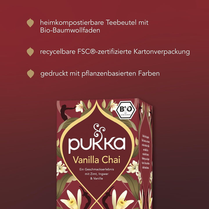 Pukka | Amestec de ceaiuri aromatizate bio „Vanilla Chai” | Scorțișoară, ghimbir și vanilie | Ceai pentru o răsfățare cu dulceață naturală | Pachet de 1 | 20 pliculețe de ceai