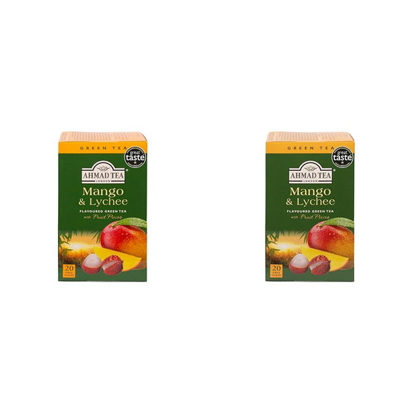 Ahmad Tea - Mango &amp; Lychee - Ceai verde cu mango și litchi - Cu bucăți de fructe - Plicuri de ceai ambalate individual, cu aromă sigilată, cu 2 g de ceai per porție - 20 de pliculețe de ceai cu bandă (pachet cu 2)