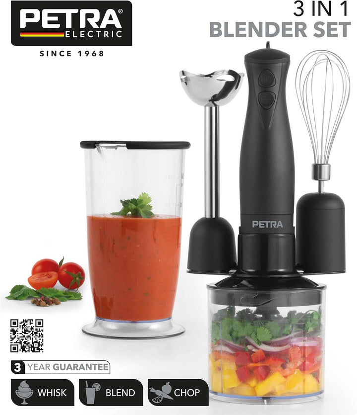 Petra PT2827BMBLKVDE 3-In-1 Mixer – Bpa-Freie Anbauteile, 500Ml-Schüssel, 700Ml-Becher, Schneebesen, Mixen, Zerkleinern, 2 Geschwindigkeiten, Edelstahlklingen, Für Babynahrung, Smoothies, Saucen, 350W Mama si Copilul Naty Shop