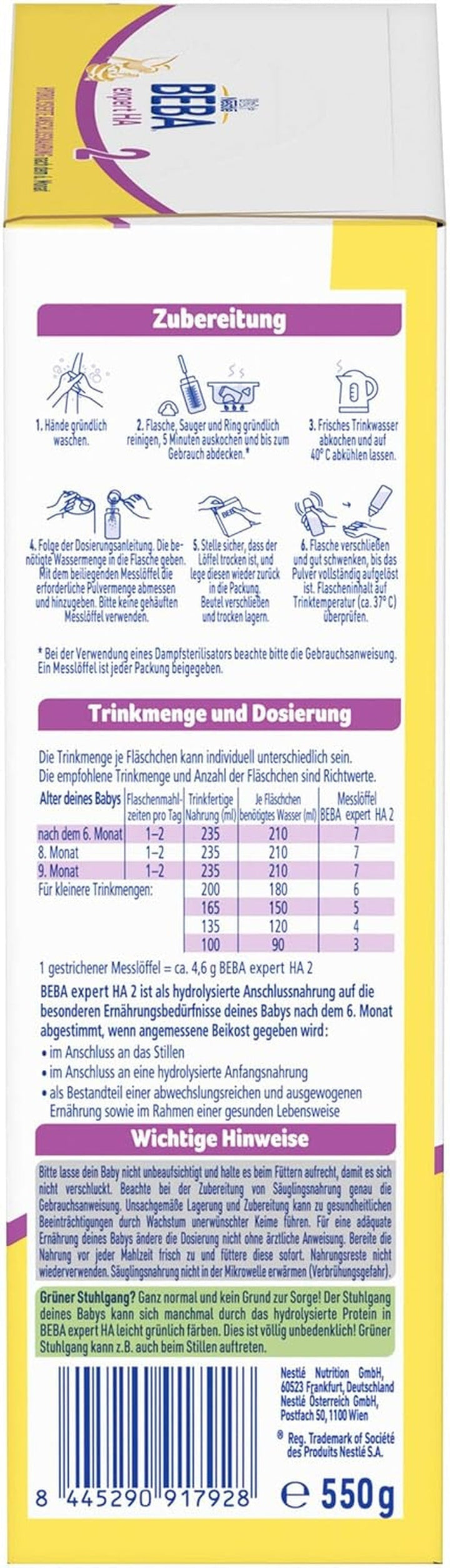 BEBA Expert HA 2 Lapte de continuare după 6 luni, hrană pentru copii cu proteină hidrolizată, doar lactoză, fără ulei de palmier, pachet de 6 (6 x 550 g) Naty Shop