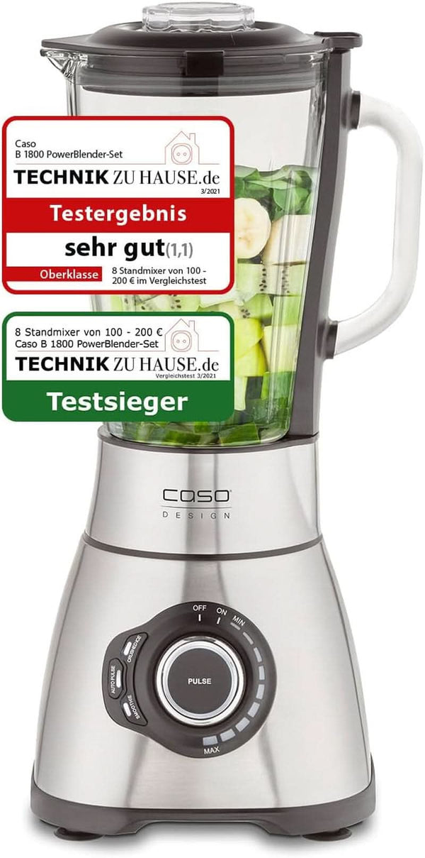 CASO B 1800 Powerblender-Set - Standmixer, 28.000 U/Min, Glasbehälter 1,75 L, Inkl. Trinkflasche Und Zerkleiner, Mixer Testsieger Mit Sehr Gut, Edelstahl Naty Shop Standmixer + Zubehör