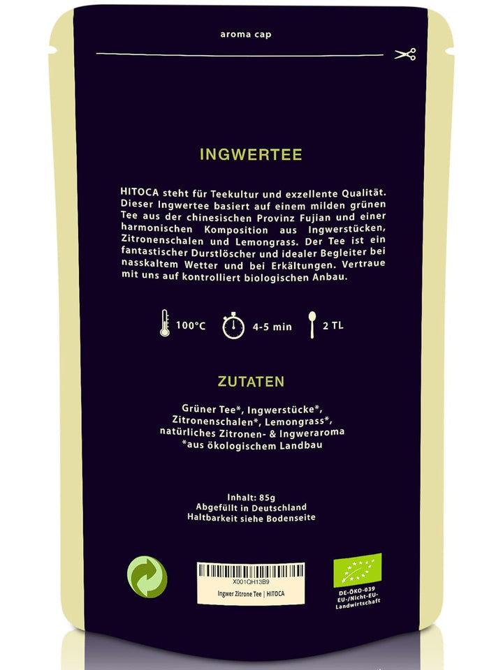 HITOCA® Ceai organic de ghimbir și lămâie - Ceai verde răcoritor în frunze de ceai cu ghimbir și lămâie